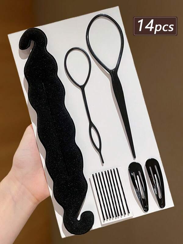 14 pezzi Set di accessori per acconciature neri, Creatore di chignon, Accessori per acconciature raccolte, Estensioni per chignon, Ciocche per chignon, Forcine per capelli, Forcine, Mollette