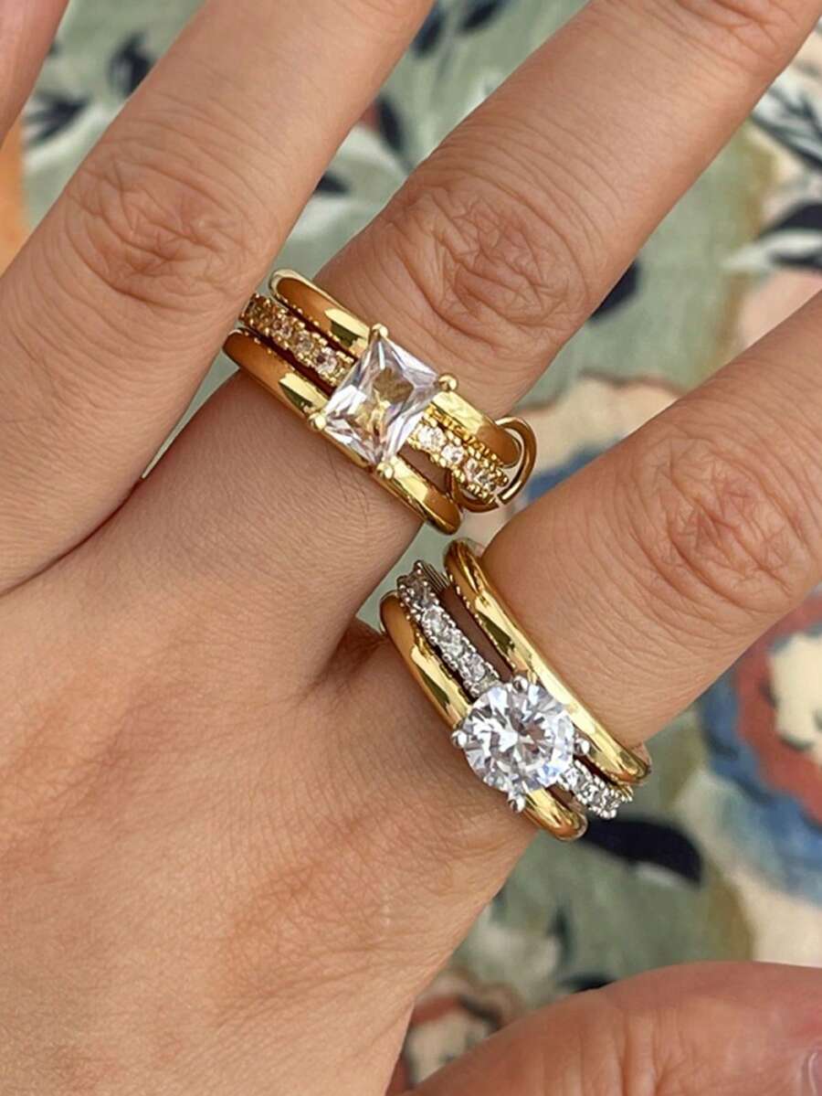 1 件优雅奢华的铜镀 18k 金锆石闪亮钻石别针多环戒指女士，派对宴会婚礼庆典节日派对日常佩戴，婚礼季节重型多环戒指女士珠宝