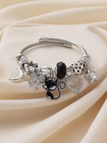 1件优雅个性暗黑猫心形蝴蝶结星月吊坠大孔珠DIY手链，适合女性日常休闲派对佩戴，情人节礼物 - 貓咪月亮 - 查看 2