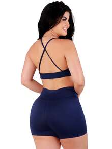 Work Fitness Kit 2 Set Bare Back Top With Cross Straps And Bermuda Shorts Basic Premium - White and Blue - View 5