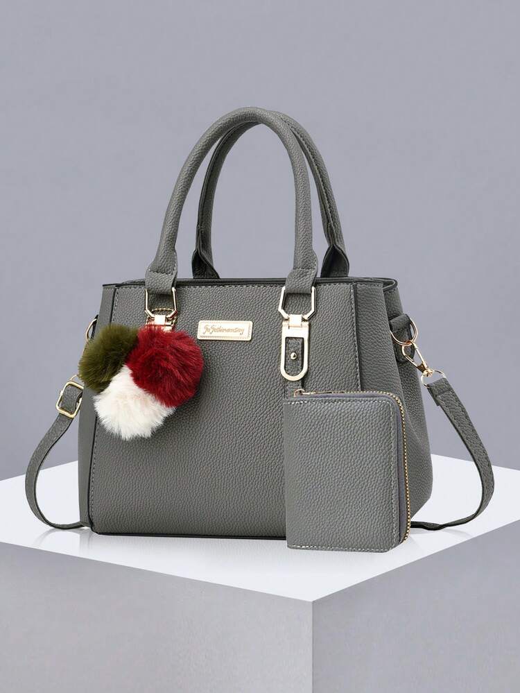 Large Capacity Pom Pom Decor Small Wallet Women Handbag, Business Casual Shoulder Bag, Mother's Day Gift, Suitable For Career Women, Office Ladies, Great For Work, Business, Commuting, School And More - Dark Grey - View 1