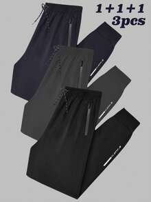 3pcs Plus Size Men's Lightweight Breathable Loose Outdoor Running Sports Pants, Summer