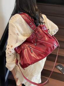 复古简约大容量时尚学生/办公室通勤手提包 - 紅色 - 查看 7
