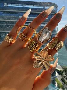 Set 6 Buah Cincin Paduan Emas Asimetris Mewah, Berkilau, Unik, Kreatif, dan Bergaya Vintage untuk Wanita, Cocok untuk Sehari-hari, Pesta, Liburan, dan Perjalanan. - MultiWarna - View 6