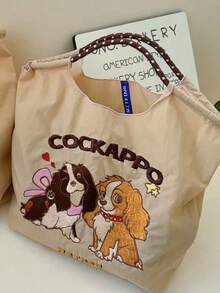 1pc New Casual Embroidered Cockapoo Dog Pattern Nylon Lightweight Large Capacity Tote Bag, Suitable For Commuting And Shopping - View 3