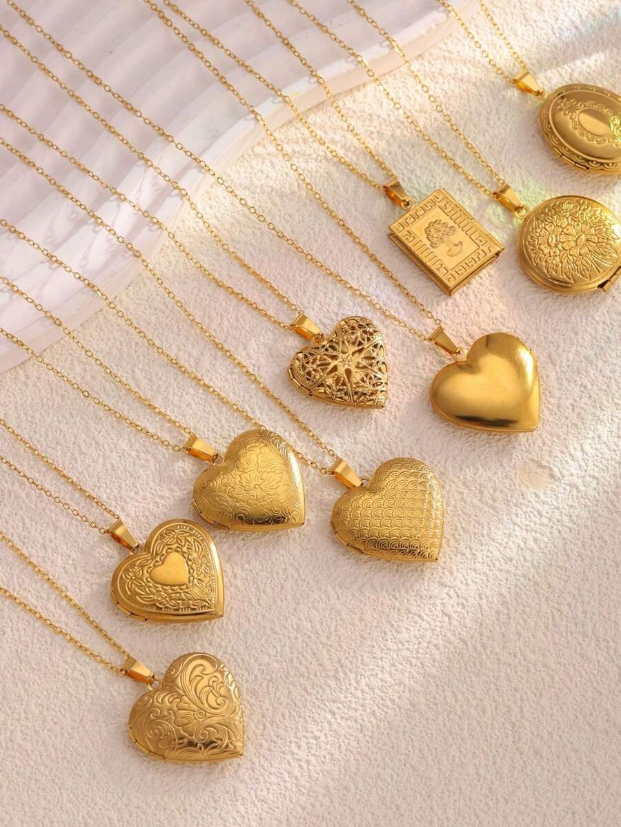 1pc Luxury Stainless Steel Non-Fading Heart-Shaped Engraved Openable Locket Necklace, Suitable For Women's Daily, Festival, Vacation, Dating, Engagement, Wedding, Can Be Gifted To Friends, Family, Lover As Jewelry Accessory