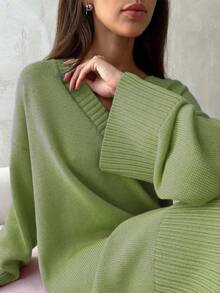 大码女式V领落肩长袖宽松休闲针织连衣裙 - 淺綠 - 查看 3