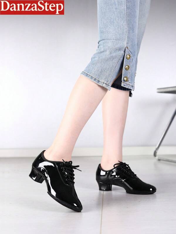 Women's Fashion Ballroom Dance Shoes Black Faux Patent Leather Soft Sole For Indoor Practice Stable Square Heel Lace Up Dance Sneakers Women Plus Size Shoes CN34-CN45
