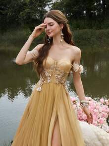 Faeriesty Robe de soirée élégante à épaules dénudées, dos nu et fente haute en mousseline de soie coupe évasée. Parfaite pour les grands galas, les réceptions de mariage de luxe, les premières d'opéra, les grands événements de bienfaisance, les fêtes du Nouvel An et autres occasions formelles. - Champagne - Voir 5