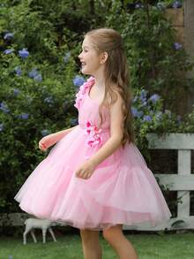 3D Flower Decor One-Shoulder Tulle Princess Dress For Girls, Suitable For Birthday Gift, Party, Wedding, Flower Girl, Holiday Celebration - Pink - View 7