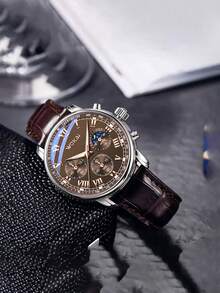 1 件男士商务三眼罗马数字表盘石英皮革表带手表，适合日常佩戴、生日、送给她的礼物、周年纪念、年终促销、光棍节、万圣节促销，无礼盒 - 銀色 - 查看 2