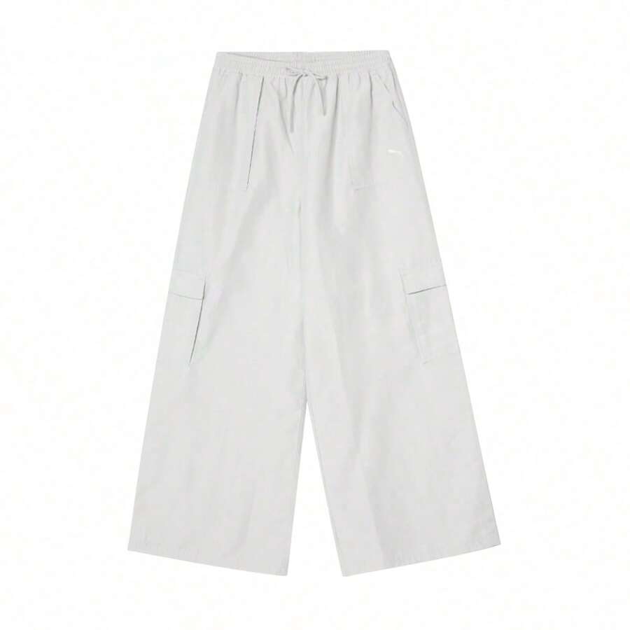 Puma Pantalones rectos de pierna ancha minimalistas y de moda para mujer, pantalones de chándal rectos con cordón 63092309