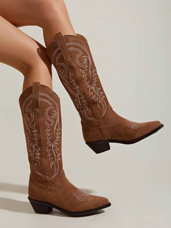 Botas romanas de tacón alto con punta puntiaguda y bordado en estilo occidental para fiestas, vacaciones y días festivos