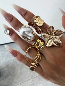 Set 6 Buah Cincin Paduan Emas Asimetris Mewah, Berkilau, Unik, Kreatif, dan Bergaya Vintage untuk Wanita, Cocok untuk Sehari-hari, Pesta, Liburan, dan Perjalanan. - MultiWarna - View 8