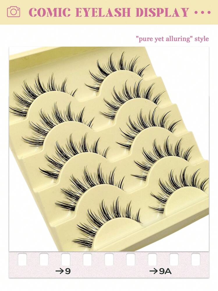 Asiteo 5对卡通风格自然假睫毛 - 透明睫毛柄，轻薄自然，氧气女孩风格，完美适用于角色扮演 - 可重复使用的条状假睫毛，睫毛，假睫毛 - 尖尾漫畫款 - 查看 5