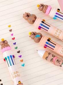 8支10色卡通熊按压圆形圆珠笔，多色按压笔，10色速干按压签名笔，书写工具，适用于学校用品，返校