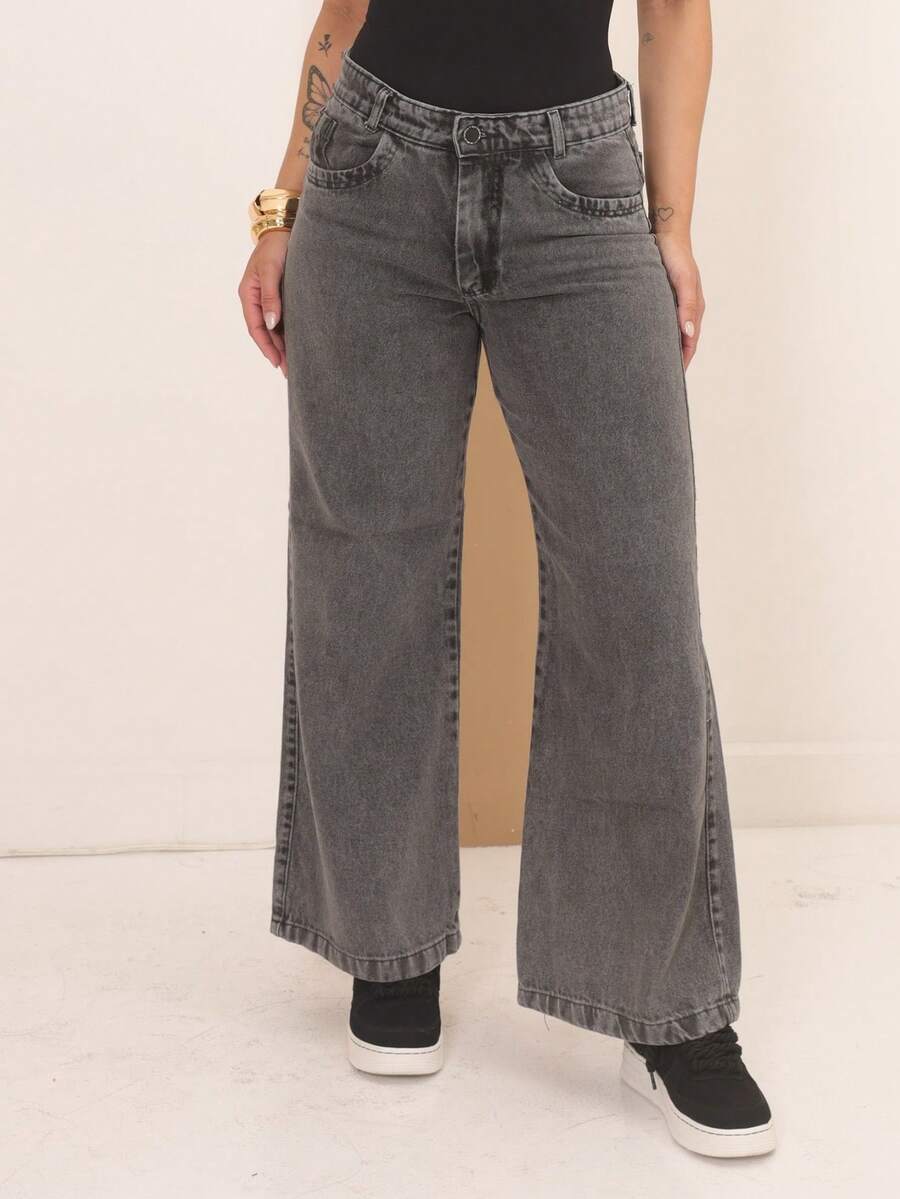 Calça Jeans Wide Leg Feminina Cintura Alta Tecido Grosso Elegante Confortável Vintage 100% Jeans Algodão