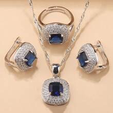 925 Silver-Plated Colorful Cubic Zirconia Square Fashion Party Luxury Quality Wedding Accessories Bridal Elegant Jewelry Set, Women Necklace Pendant Earrings Ring 4pcs, Suitable For Daily Wear, Christmas, Halloween, Thanksgiving And Valentine's Day Gifts - Royal Blue - View 10