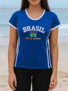 Women's Brazil Y2K Shirt – Long Baby Look - Xanh đậm - Xem 3