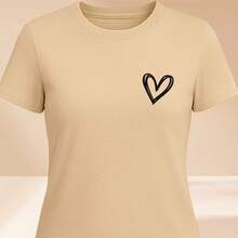 Women's Basic T-Shirt Cute Heart 100% Cotton Various Colors - 米色 - 查看 2