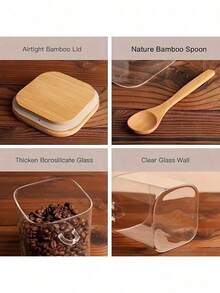 1pc Square Airtight Glass Jar With Wooden Spoon, Suitable For Storing Coffee Beans, Soybeans, Sugar And Salt. Some Kitchen Storage Jars Can Also Be Used For Jam And Ice Cream, Made Of Reusable Borosilicate Glass.