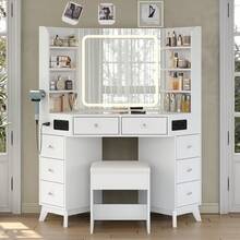 FUSOU Modern Corner Vanity Desk With Mirror & Lights, Glass Top Makeup Vanity With Bluetooth Speaker, 8 Drawers, 6 Shelves, 3-Color Lighting, Dressing Table With Chair, White - 查看 3