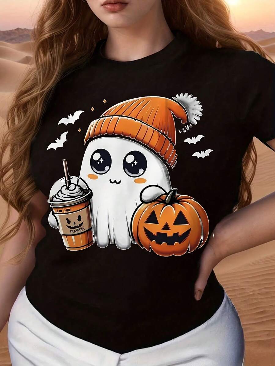 Women's Halloween Graphic T-Shirt - Soft Cotton Fabric, Cute Pumpkin Coffee And Bat Print, Summer And Fall Casual Round Neck Short Sleeve Top, Machine Washable, Suitable For Halloween Party Outfits - 黑色 - 查看 1