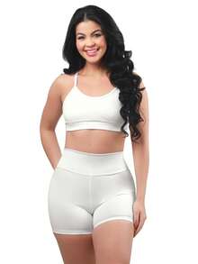 Work Fitness Kit 2 Set Bare Back Top With Cross Straps And Bermuda Shorts Basic Premium - White and Caramel - View 4