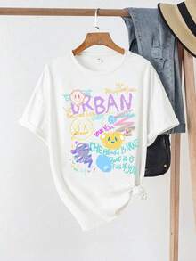 Áo thun ngắn tay mềm mại in họa tiết graffiti đường phố dành cho nữ tuổi teen, kiểu dáng thường ngày năng động mùa hè. - trắng - Xem 2