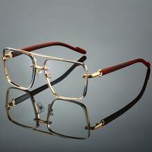 1 Piece Men's New Square Fashion Glasses High-End Unique Double Bridge Design Retro Wood Grain Legs Simple Light Luxury Style Women's Glasses - Gold-transparent - View 10