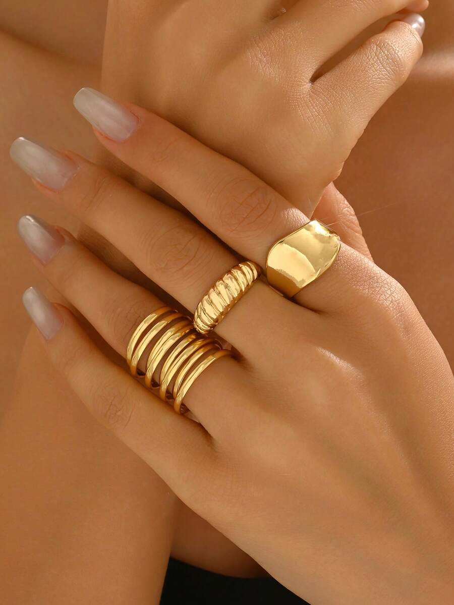 3pcs Asymmetrical Line Smooth Rings, Fashion Accessories Suitable For Women's Daily, Party, And Matching Wear - Multi-layer Ring Set - View 1