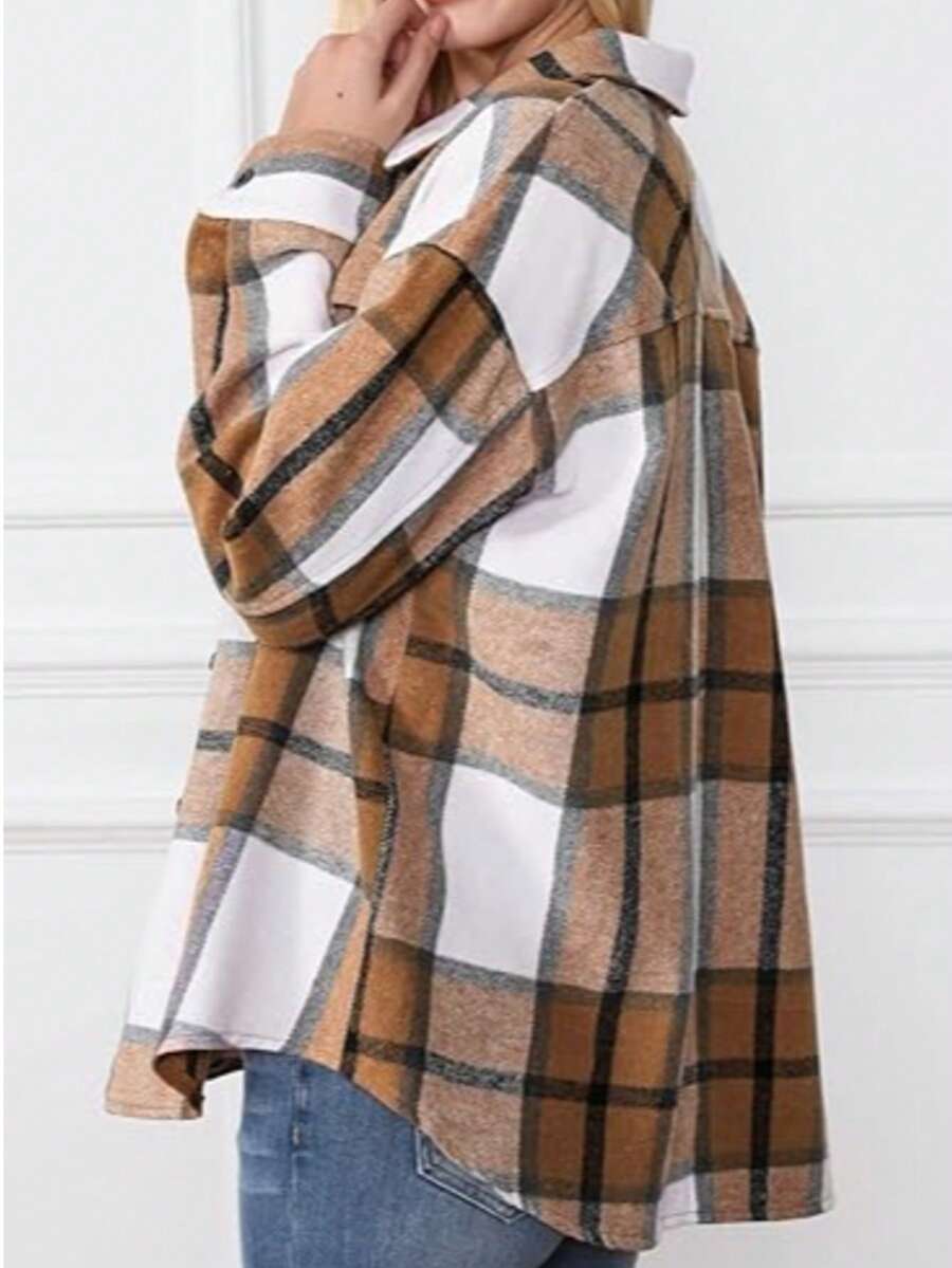 女士法兰绒夹克休闲格子纽扣长袖衬衫柔软面料秋季户外服装带口袋适合休闲户外穿着秋冬