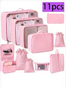 7-11件旅行收纳套装，包括防水洗漱包、化妆包、内衣袋、鞋袋、内衣和袜子收纳袋、防水压缩袋、可折叠衣物收纳袋，适用于行李、旅行、夏季收纳