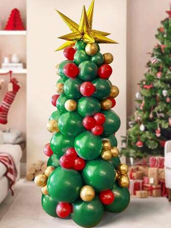 Christmas Balloon Garland Arch Kit Green Red Golden Latex Balloons Xmas Tree Balloons With Golden Starburst Balloons For Christmas Party Decorations