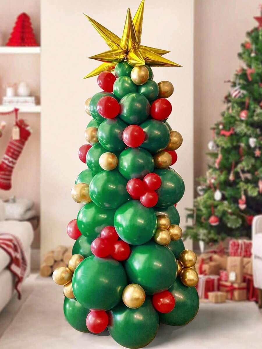 Christmas Balloon Garland Arch Kit Green Red Golden Latex Balloons Xmas Tree Balloons With Golden Starburst Balloons For Christmas Party Decorations