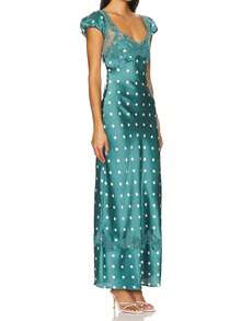 Women Y2K Lace Patchwork Mesh Maxi Dress Floral/Dot Print V Neck Cap Sleeve Bodycon Dress Summer Open Back Cutout Going Out Long Dress - 綠色 - 查看 2