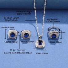 925 Silver-Plated Colorful Cubic Zirconia Square Fashion Party Luxury Quality Wedding Accessories Bridal Elegant Jewelry Set, Women Necklace Pendant Earrings Ring 4pcs, Suitable For Daily Wear, Christmas, Halloween, Thanksgiving And Valentine's Day Gifts - Royal Blue - View 8
