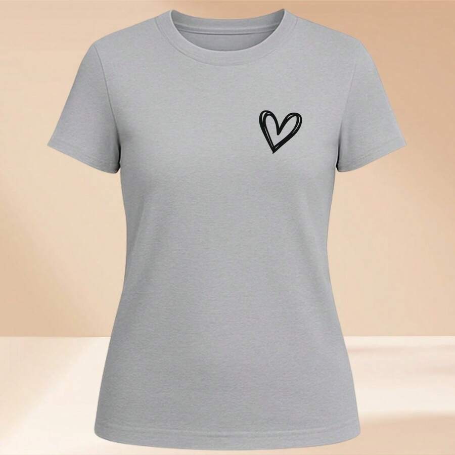 Women's Basic T-Shirt Cute Heart 100% Cotton Various Colors - 灰色 - 查看 1