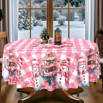 Mantel de poliéster con tema navideño, diámetro redondo de 145 cm (57.08 pulgadas), rectangular de 140x180 cm (55.11 pulgadas x 70.87 pulgadas), mantel/cubierta de mesa navideña, muñeco de nieve rosa de Navidad, paisaje nevado, diseño de árbol de Navidad, diseño "Feliz Navidad", adecuado para restaurante, decoración del hogar y celebración de fin de año