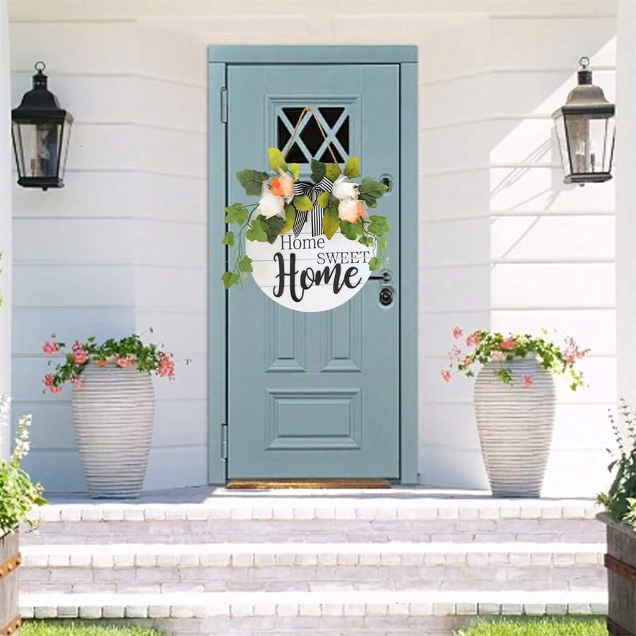 Decorative Flower Wood Sign With Faux Floral Round Plaque Hanging Wall Art For Home Door Porch Decor - White - View 1