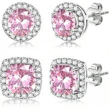 Hayoso 18K Gold Plated Halo Stud Earrings 925 Sterling Silver Cubic Zirconia Stud Earrings Round Square Diamonique Stud Earrings Set For Women Men VAN1 - Bạc & Hồng - Xem 8