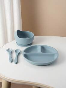 PopLittleOne 4PCS Baby Silicone Dinner Sets Color Contrast Plate Suction Bowl Eating Training Spoon Fork Colorful Baby Tableware Sets - Multicolor 1 - View 10