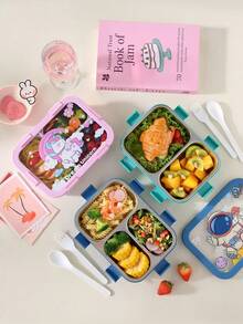 1pc Cute Cartoon Bento Box With Fork And Spoon, Divided Portable Lunch Box, Large Capacity Lunch Container, Leak-Proof Plastic Lunch Box, Stackable Lunch Compartments - Multicolor - View 1