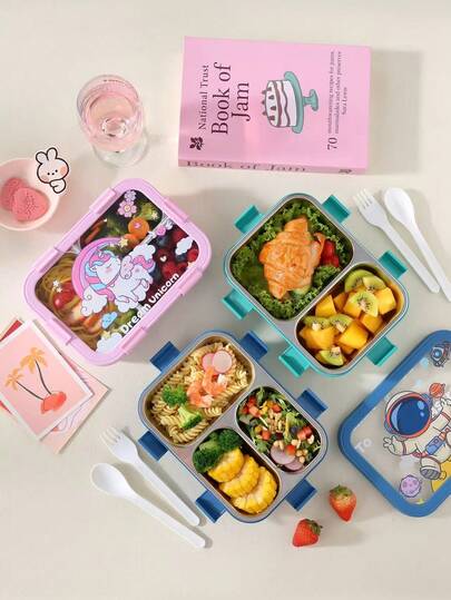 1个可爱卡通便当盒，带叉子和勺子，分隔式便携午餐盒，大容量午餐容器，防漏塑料午餐盒，可堆叠午餐隔层