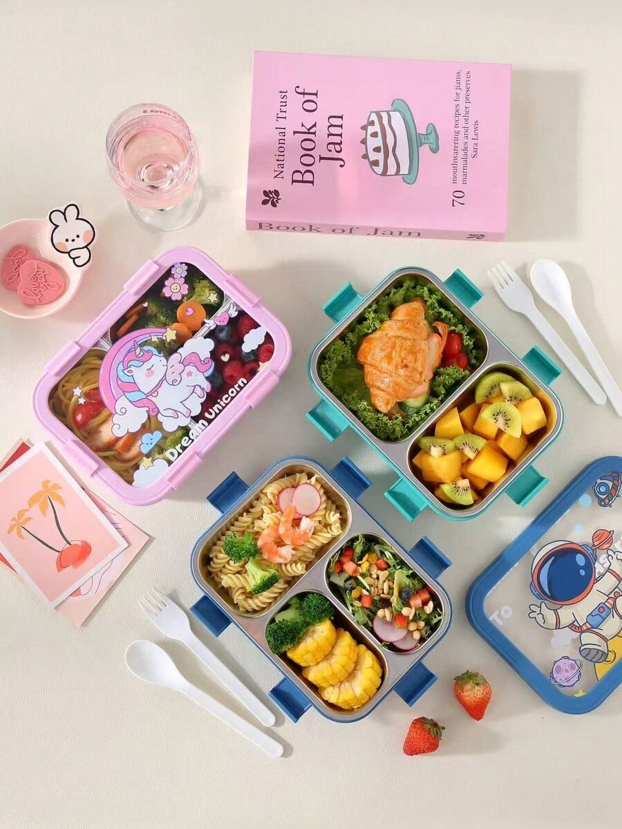 1pc Cute Cartoon Bento Box With Fork And Spoon, Divided Portable Lunch Box, Large Capacity Lunch Container, Leak-Proof Plastic Lunch Box, Stackable Lunch Compartments - Multicolor - View 1