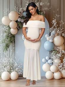 JustVH 孕妇露肩连衣裙，网纱领口，鱼尾裙摆，适合迎婴派对，优雅弹力连衣裙，女士摄影服装 - 杏色 - 查看 4