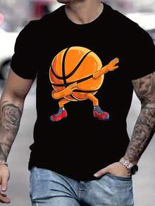 Camiseta de Verano para Hombre - Impresión Gráfica de Baloncesto Antropomórfico Divertido en Zapatillas, Camiseta de Corte Regular con Cuello Redondo y Manga Corta para Fanáticos del Baloncesto, Top Casual Lavable a Máquina - Negro - Ver 3