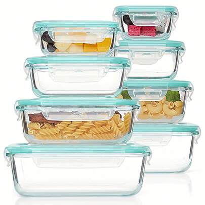 8-Pack Glass Food Storage Containers, Meal Prep, Airtight Bento Boxes With Leak Proof Locking Lids, For Microwave, Lunch Boxes, Oven, Freezer And Dishwasher