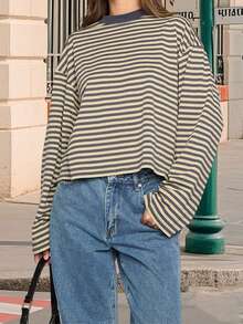 Women T-Shirt, Long Sleeve Crew Neck Loose Ladies Fall Casual Striped Top Streetwear - Màu Mù tạt vàng - Xem 4