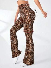 Women Leopard Pattern Slim Fit Flared Pants High Waist Seamless Wide Leg Leopard Print Sports Trousers Gym Yoga Lift Buttocks Exercise Leggings Breathable Comfort Suitable For Daily Leisure Activities Such As Dancing And Yoga Four Seasons Daily Women's Clothing